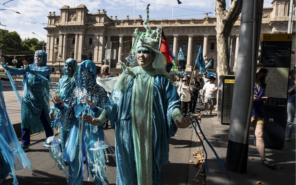 Protesters in costume at the Whalesong action, Victorian parliament