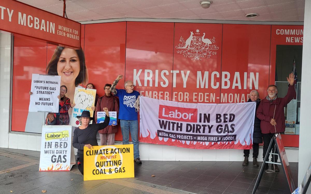 Protesters outside the office of Kristy McBain