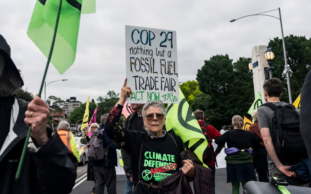 Slow marcher with placard reading'Cop 29 nothing but a fossil fuel trade fair. Act now - join us.'