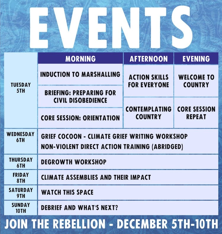 Graphic version of December Rebellion Events and Workshops schedule described on this page