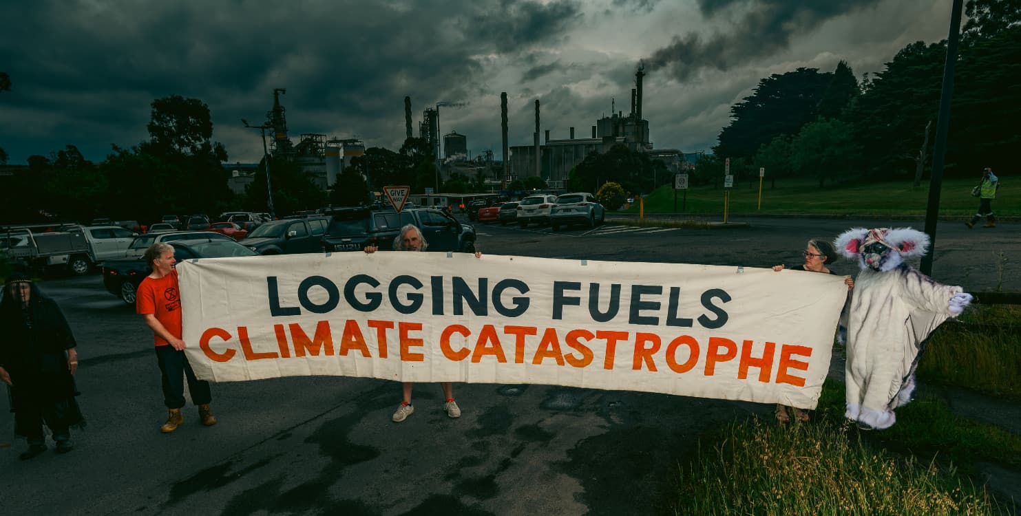 Protesters with large banner at the Maryvale paper mill