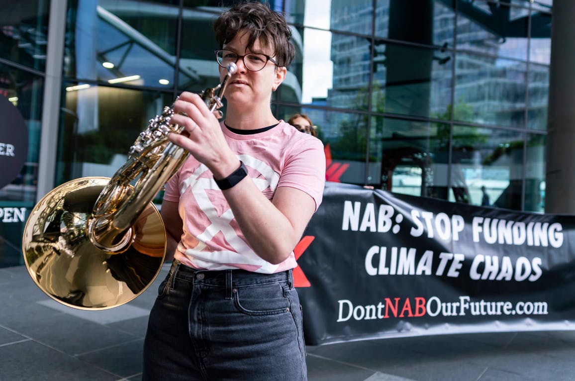 The Star Wars-themed protester playing Saxophone outside NAB