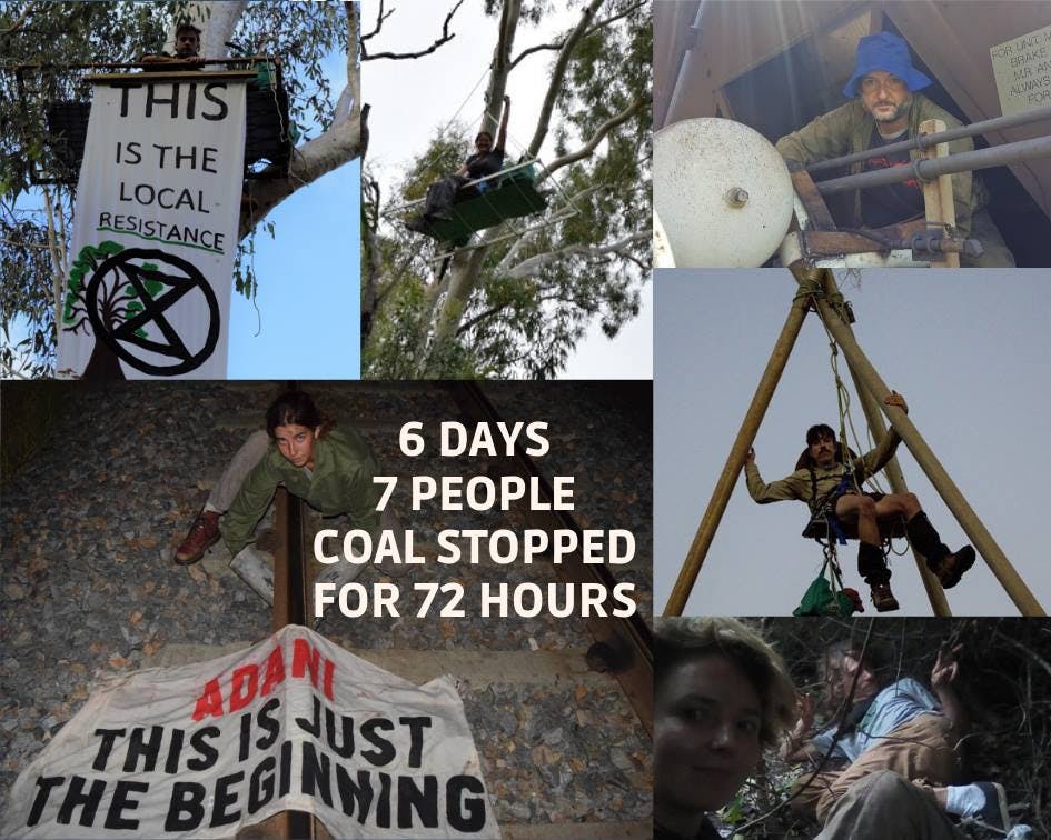Photographs of activists participating in blockade actions around the proposed site of the Adani mine