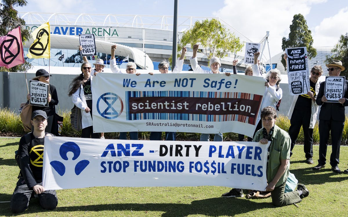 Members of Scientist Rebellion and supporters at Rod Laver Arena