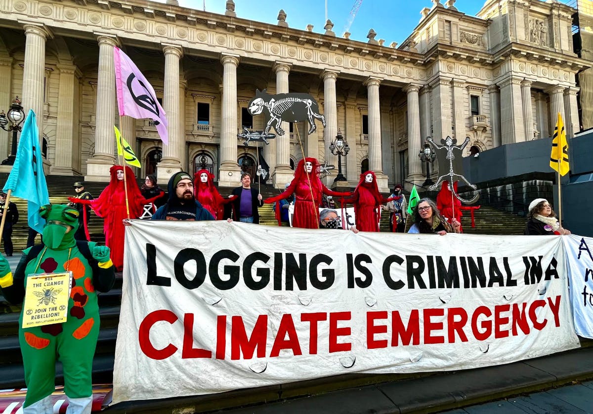 Snap protest with large banner at Victoria's Parliament building