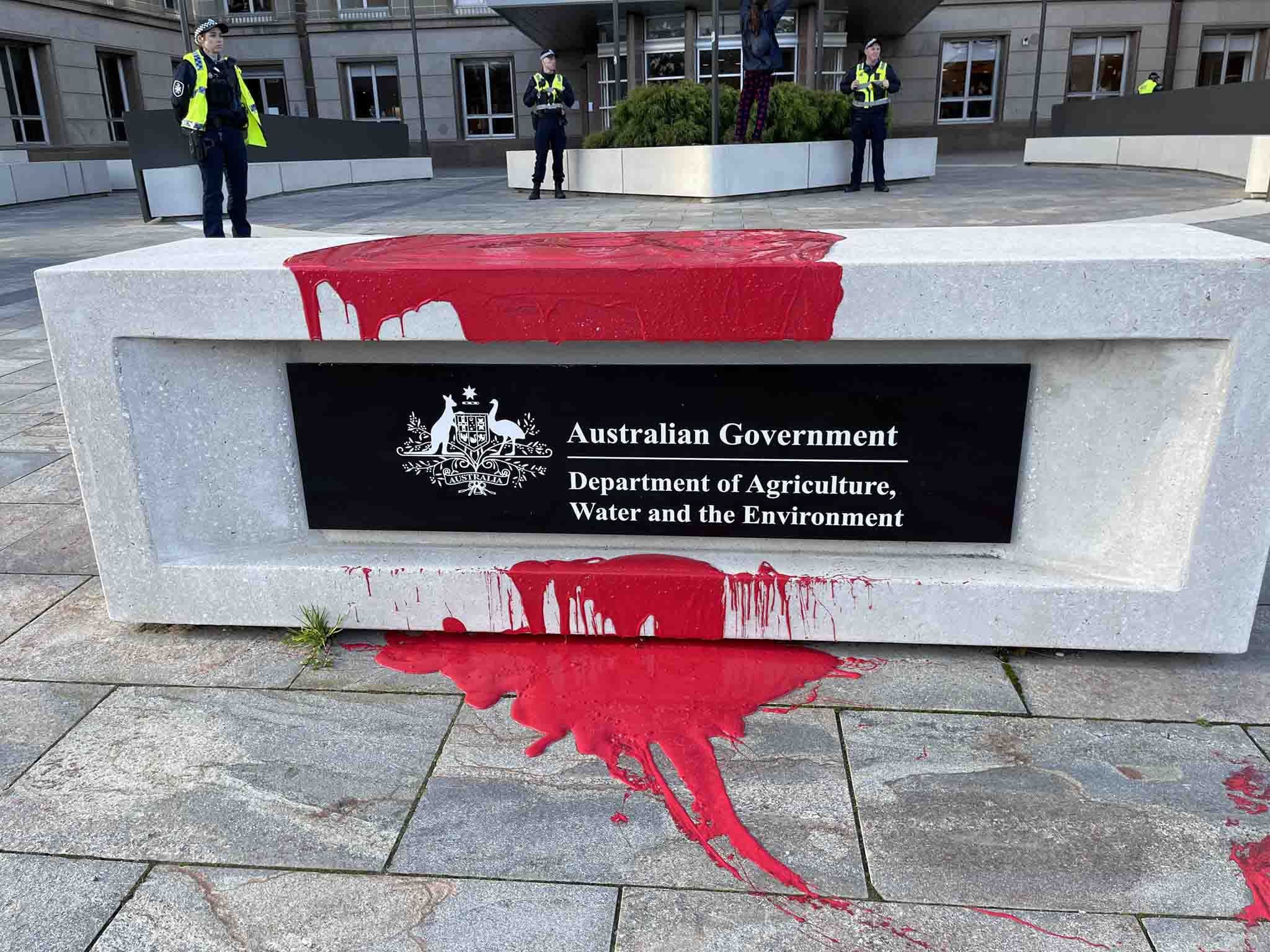 Government department plinth covered in fake blood