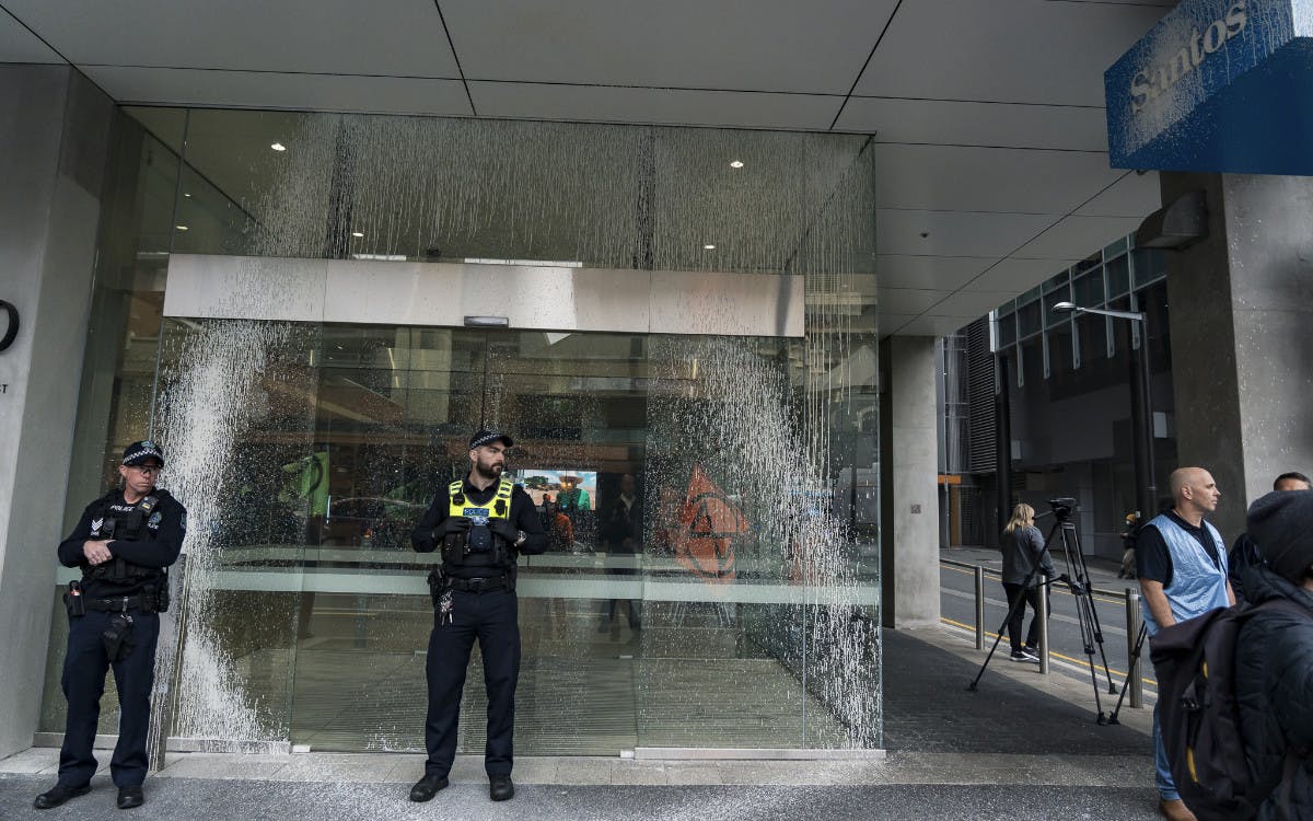 A paint-splattered window at Santos HQ