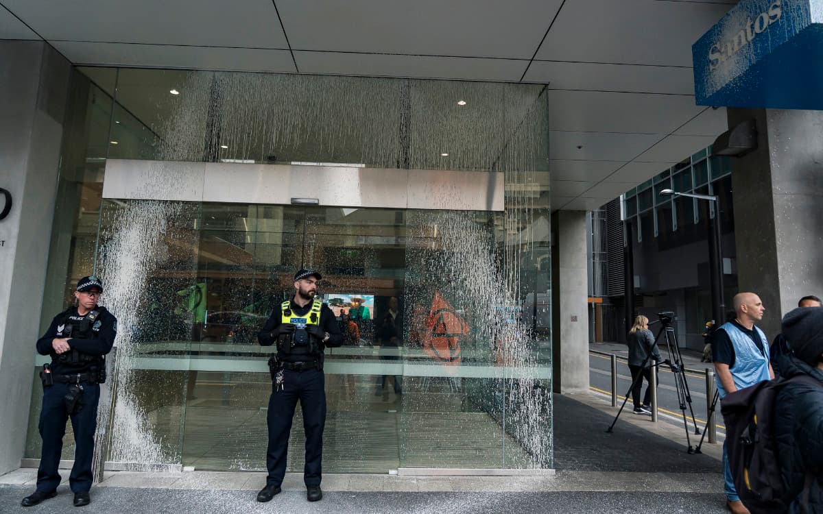 A paint-splattered window at Santos HQ