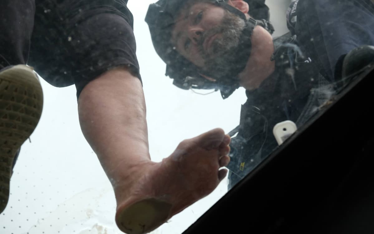 View from below of glued-on protester