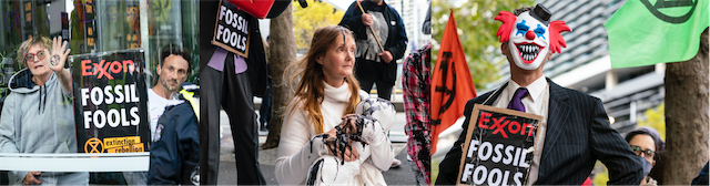 Rebels locked on to the door of Exxon Mobil HQ while Exxon Fossil Fools pour oil on rebels representing the innocent public. Photos Matt Hrkac and others.