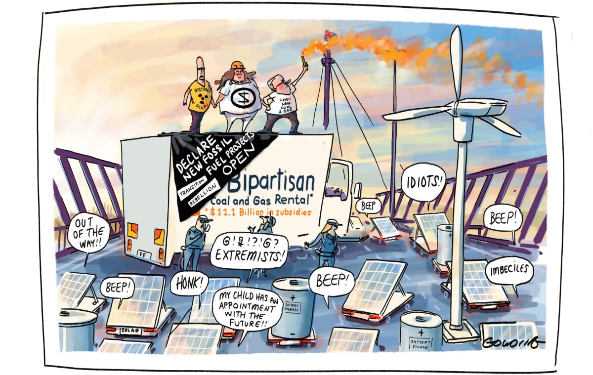 Cartoon showing politicians and fossil fuel magnate standing on a truck