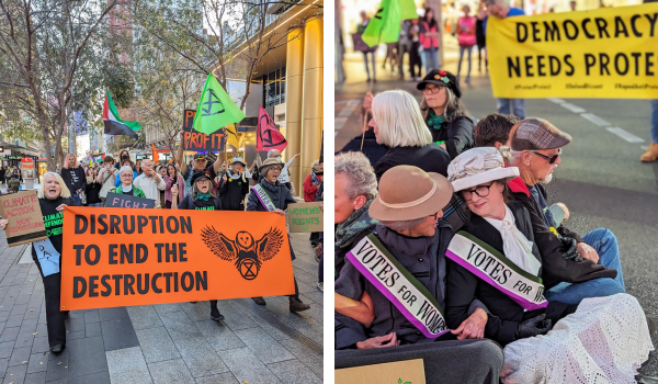 Marchers with banner 'Disruption to end the destruction'. Suffragettes with 'Democracy needs protection' banner.