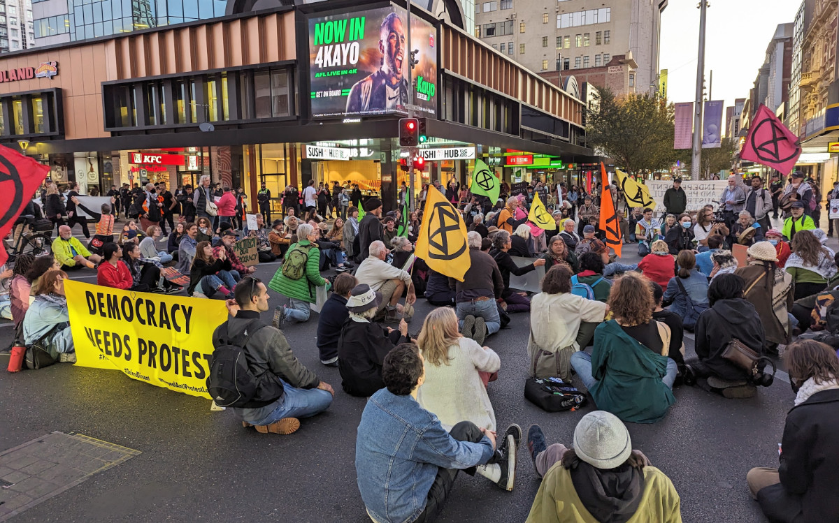 Sit down protest at the intersection of Pulteney and Rundle Mall in Adelaide, SA