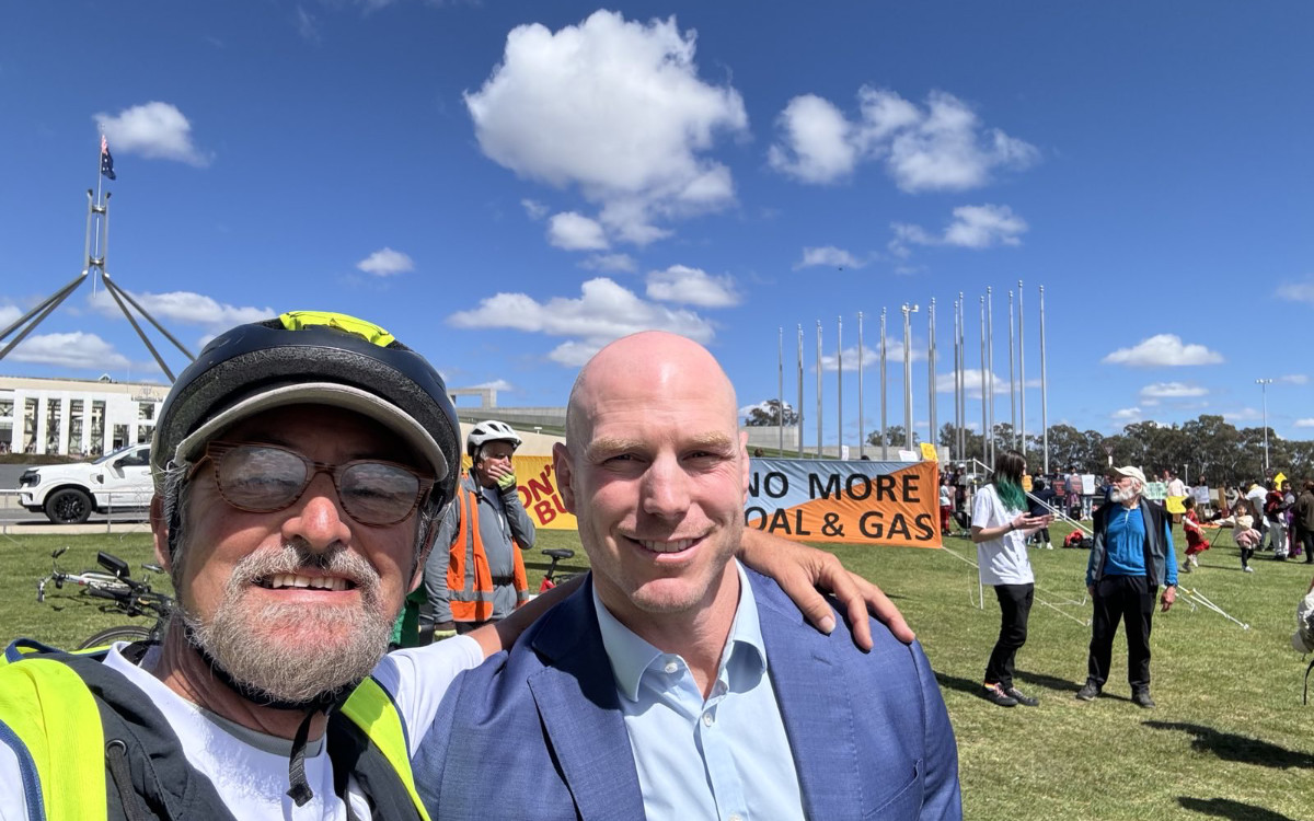 Arrival in Canberra: Tom with David Pocock